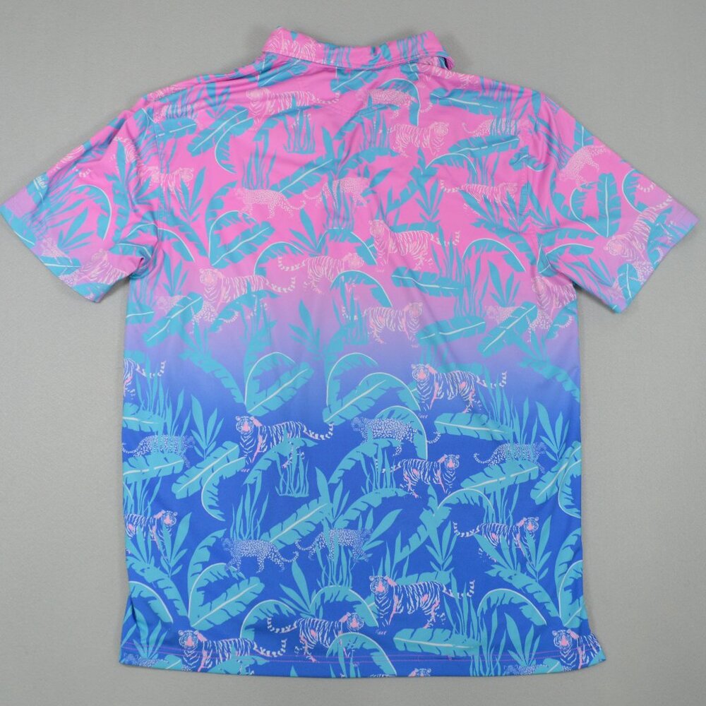 Chubbies Tiger Print Hydrofoil Performance Polo Pink Blue Golf Medium - Picture 5 of 13